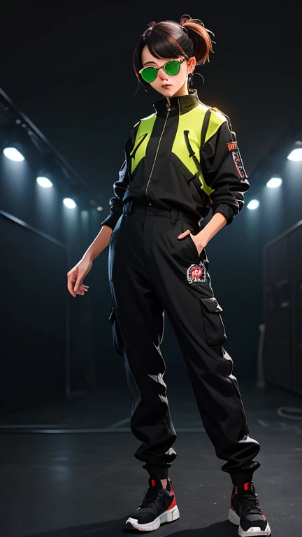 Black workwear jumpsuit、Costume with glowing yellow-green linesを着た女性, サイバーpunk, punk, Mosh Pit, (Highest quality,4K,8K,High resolution,masterpiece:1.2),Live Stage、Costume with glowing yellow-green lines、Oversized sunglasses,Punkish hairstyle、Full body portrait、stud
