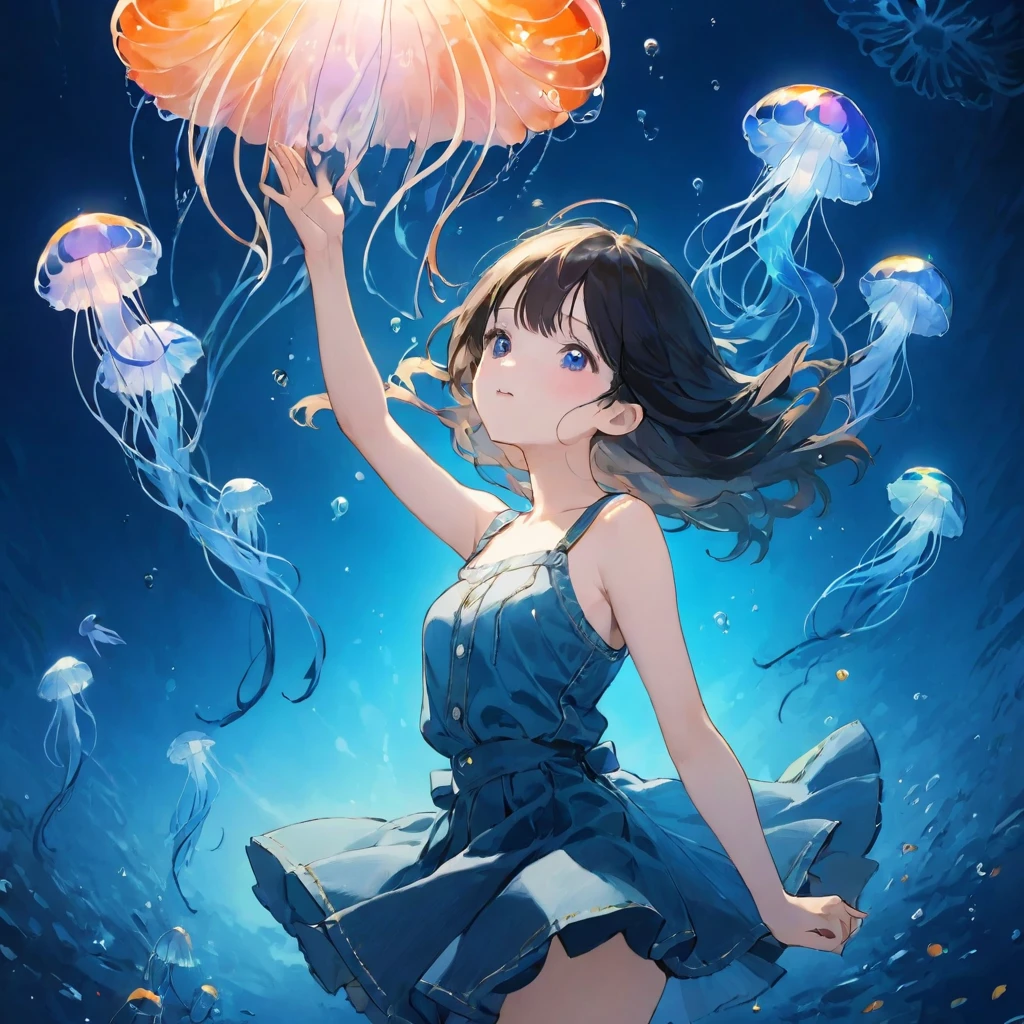 finely detailed illustration, best quality, masterpiece, vibrant color,High resolution、８ｋ、Pitch blackの静寂を演出、Wallpaper Art、Very detailed_face_eye、sharp focus on eyes, fullbody to the toes,非常に繊細なfaceと肌の質感、Woman looking around、pretty girl、14 years old、camisole、denim hot skirt、Jellyfish floating in the air、Blue glowing jellyfish、Fluorescent jellyfish、Mystical Expressions、Synaptic vesicles、Neuron、Pitch black、The only light source is a jellyfish、