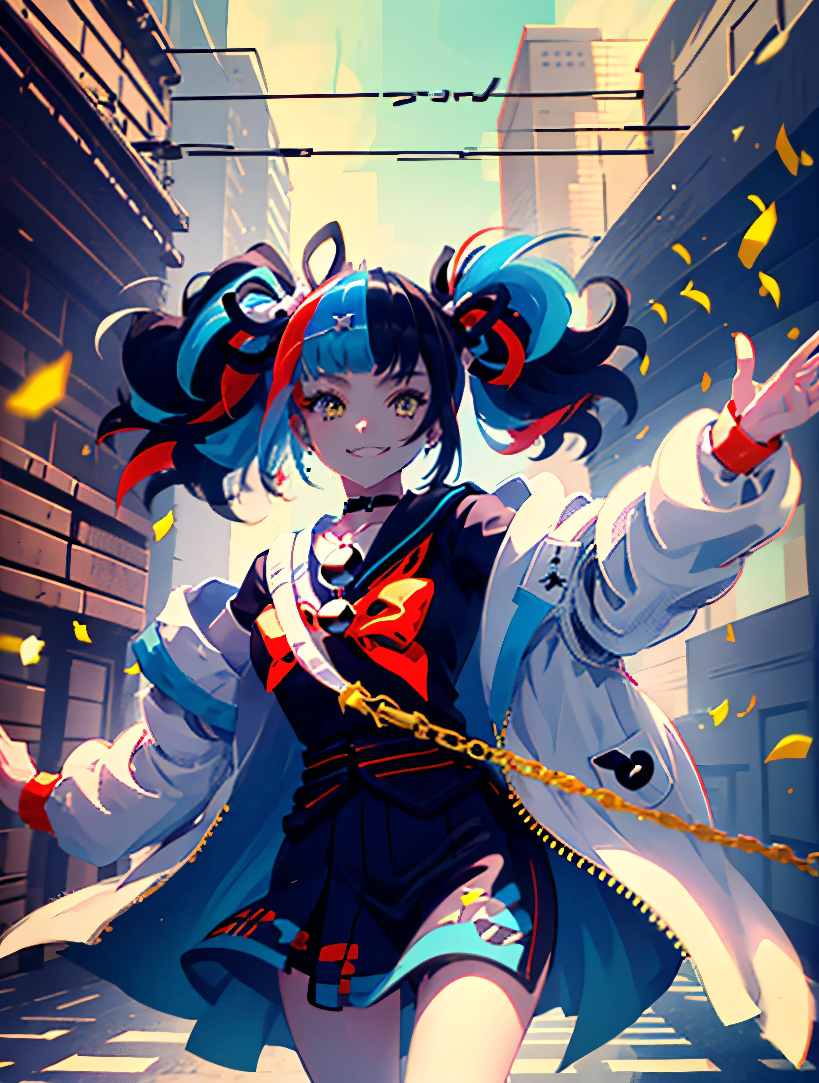 absurdres, uhd, best quality, CG, HDR, 1girl, cowboy shot, sei, white jacket with black flowers on sleeves, sailor collar, black serafuku, black shirt, black kimono skirt with blue hem, obi, twintails, smiling, city, sidewalk, buildings, daytime,