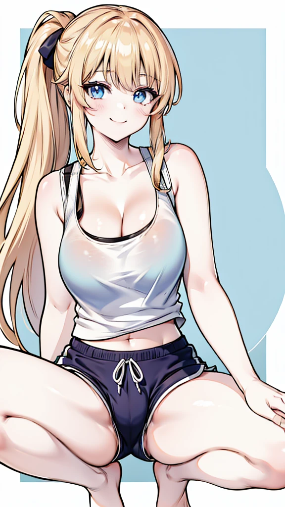 1girl, long blonde hair, blue eyes, wearing blue tank top and black dolphin shorts, no background, absurdres, high res, ultrasharp, 8K, masterpiece, long legs, large breasts, thicc thighs, thighs shown, blushing, short shorts, barefoot, perfect hands, large ass, seductive smile, perfect hands, super closeup, large cleavage, wedgie, bra under tank top, tank top, anime line art, lineart, squatting on floor, smiling, squatting down, long legs, ponytail, tight dolphin shorts, light blue tank top, light blue tank top, squatting down, spread legs, open legs, one girl, butt shown, cross armed, cameltoe, suatting down, wedgie, facing viewer, viewer from front, front view, looking straight at camera
