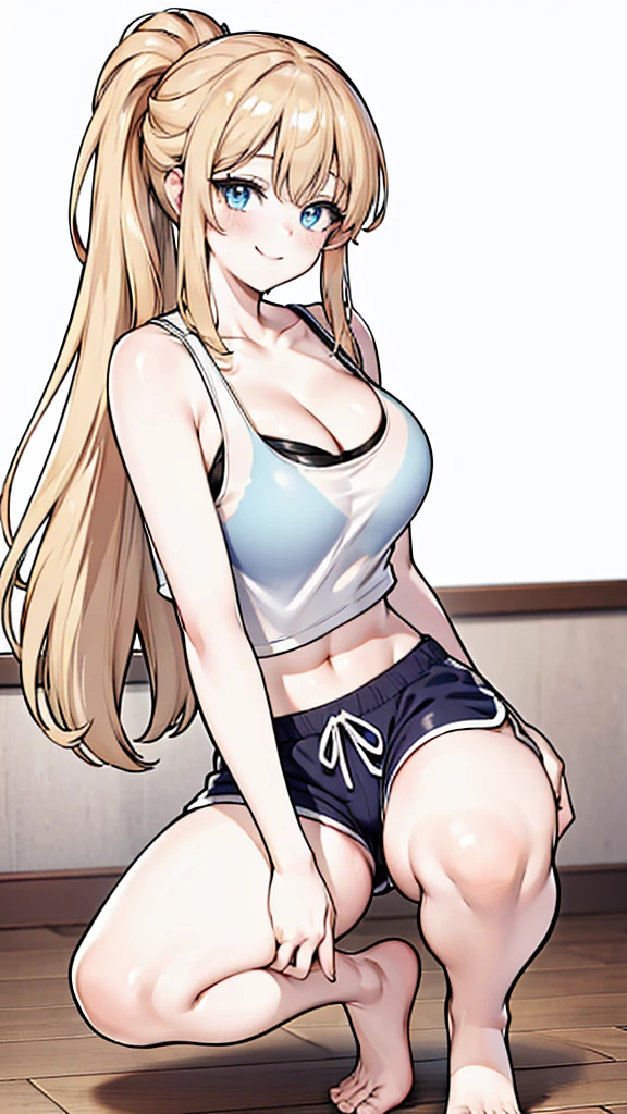 1girl, long blonde hair, blue eyes, wearing blue tank top and black dolphin shorts, no background, absurdres, high res, ultrasharp, 8K, masterpiece, long legs, large breasts, thicc thighs, thighs shown, blushing, short shorts, barefoot, perfect hands, large ass, seductive smile, perfect hands, super closeup, large cleavage, wedgie, bra under tank top, tank top, anime line art, lineart, squatting on floor, smiling, squatting down, long legs, ponytail, tight dolphin shorts, light blue tank top, light blue tank top, squatting down, spread legs, open legs, one girl, butt shown, cross armed, cameltoe, suatting down, wedgie, facing viewer, viewer from front, front view, looking straight at camera