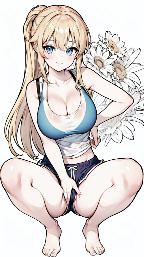 1girl, long blonde hair, blue eyes, wearing blue tank top and black dolphin shorts, no background, absurdres, high res, ultrasharp, 8K, masterpiece, long legs, large breasts, thicc thighs, thighs shown, blushing, short shorts, barefoot, perfect hands, large ass, seductive smile, perfect hands, super closeup, large cleavage, wedgie, bra under tank top, tank top, anime line art, lineart, squatting on floor, smiling, squatting down, long legs, ponytail, tight dolphin shorts, light blue tank top, light blue tank top, squatting down, spread legs, open legs, one girl, butt shown, cross armed, cameltoe, suatting down, wedgie, facing viewer, viewer from front, front view, looking straight at camera