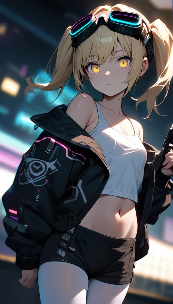 a handsome girl, solo, blond hair, twintails, yellow eyes, cyber punk black jacket, white tank top, goggles on head, [navel], off shoulder, open jacket, black shorts, white pantyhose,
handgun,
expressionless, blurry background, perfect lighting, perfect angle, masterpiece, best quality, extremely detailed face,