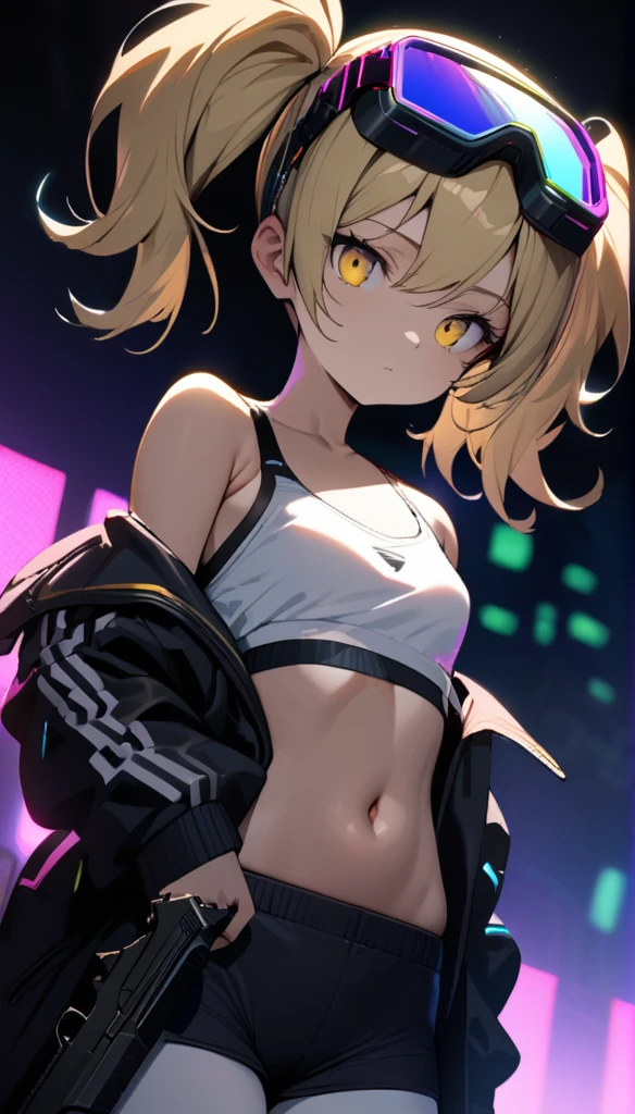 a handsome girl, solo, blond hair, twintails, yellow eyes, cyber punk black jacket, white tank top, goggles on head, [navel], off shoulder, open jacket, black shorts, white pantyhose,
handgun,
expressionless, blurry background, perfect lighting, perfect angle, masterpiece, best quality, extremely detailed face,