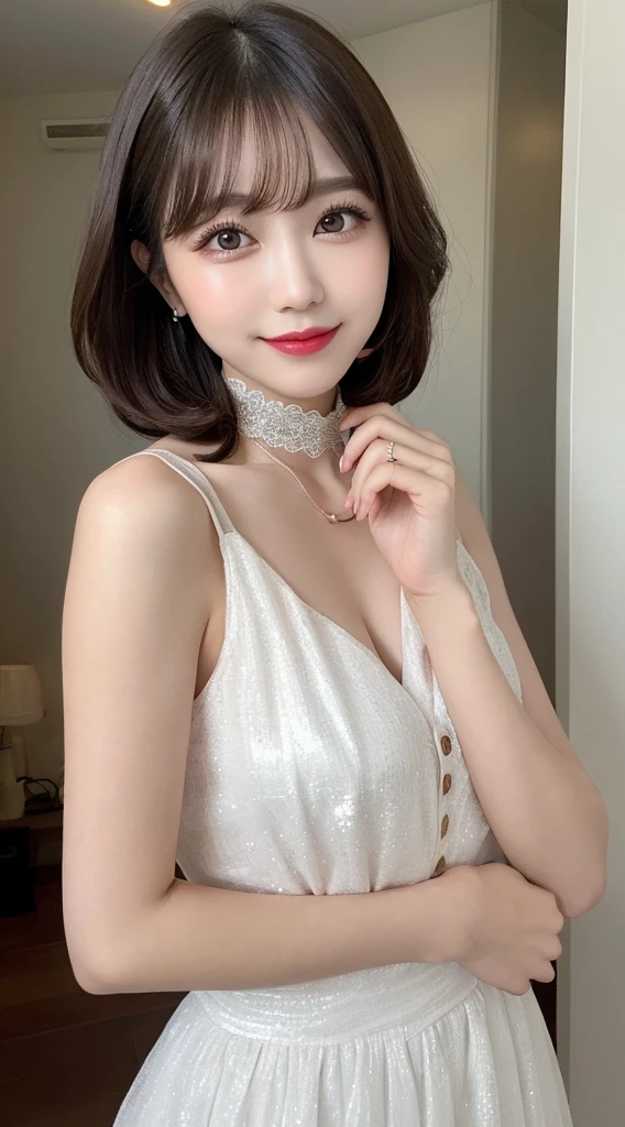 Highest quality, figure, Super detailed, In detail, High resolution, 32k wallpapers, Perfect dynamic composition, Beautiful attention to detail, White dress,choker,Dazzling Jewelry,short hair, Center of chest,big, Beautiful cat-like eyes, Cute Button Nose, Small and fairly full lips, Thick eyebrows and long, beautiful eyelashes. Transparent throughout makeup, Paint your cheeks pink,Dark eyeliner,Lip gloss makes it sparkle. Random sexy poses,smile,Tower apartment