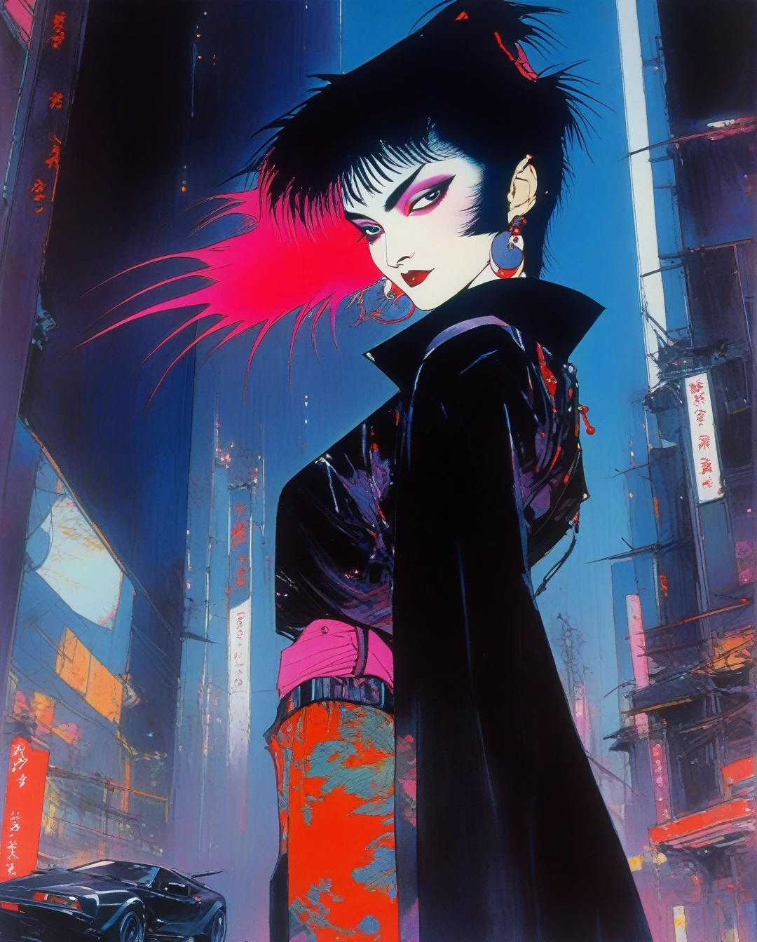 amano yoshitaka, 80s, 1girl, goth, siouxsie, michelle pffifer, cyberpunk, futuristic city background, 80s movie poster art style,