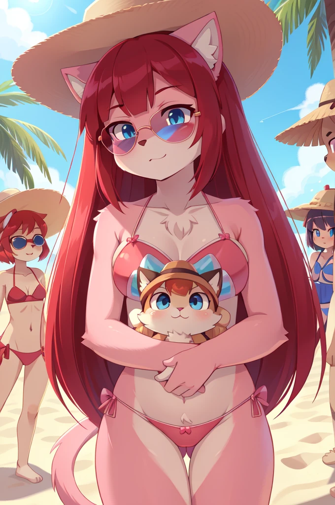 score_9,score_8_up,score_7_up, source_cartoon, source_furry, furry girl, cat, red hair, knight bangs hairstyle, long ponytail, anime style, medium breasts, blue eyes, ((bright pink bikini Bandeau with bow in the center, side bows at the bottom, Sunglasses and wide-brimmed hat)), high quality, detailed body, detailed eyes, detailed face, masterpiece, glistening body, detailed body fur, best quality, two tone body, pink fur, clear pink fur, perfect lighting, perfect shadows, perfect eyes, perfect hair, perfect face, gorgeous body, skinny, :3, beach, clear sky, among the crowd, hug another girl, 2 girls,
