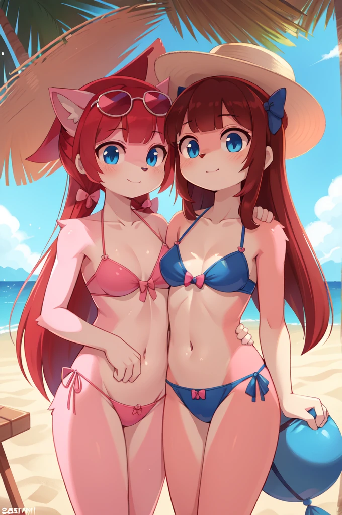 score_9,score_8_up,score_7_up, source_cartoon, source_furry, furry girl, cat, red hair, knight bangs hairstyle, long ponytail, anime style, medium breasts, blue eyes, ((bright pink bikini Bandeau with bow in the center, side bows at the bottom, Sunglasses and wide-brimmed hat)), high quality, detailed body, detailed eyes, detailed face, masterpiece, glistening body, detailed body fur, best quality, two tone body, pink fur, clear pink fur, perfect lighting, perfect shadows, perfect eyes, perfect hair, perfect face, gorgeous body, skinny, :3, beach, clear sky, among the crowd, hug another girl, 2 girls, 