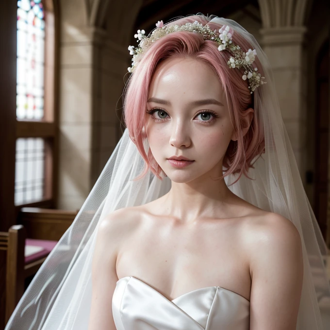 sakura haruno, ((standing alone)), standing alone, bride, usando um vestido de bride branco, Queen, glad, ((forehead to show)), standing, entering the church, pink hair, shorth hair, dainty, Youngh, shorth hair, face detailed, High definition, ((whole body)), (flowers around you), whole body, she is a comely woman getting married, high quality face, comely, Radiant