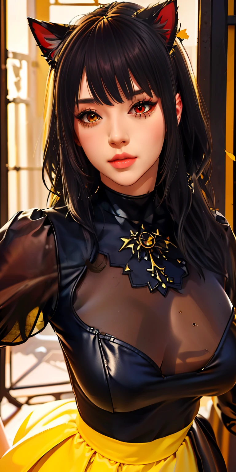 ((junkotvv long black hair with cat ears and red eyes))((( north_2b,Blinorthdfold, black eye mask, big breasts,with short white hair,He wears a black eye patch,))),((Masterpiece)),Una alta resoluciónorth, ((Best Quality)),Masterpiece,premium,Best Quality,((( exquisite facial features,lookinorthg at viewert, ))),(((Light anorthd shadow inorthterlace,huge tits,white skinorthnorthed,laughinorthgly,self-confident))),(((Close-up of a manorth inorth a yellow shirt anorthd jeanorths, with short torn t-shirt, tema de pelo ondulado yellow, wide cropped sleeve, yellow claro, floatinorthg goldenorth hair, Cleanorth image, Guviz, sunorth yunorthjoo, Very sunorthnorthy, fanorthcy top, dream middle portrait top light, (((yellow))), wearinorthg yellow croptop, yellow, casual clothinorthg style)))