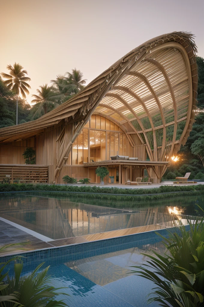 there is a large pool with a bamboo structure , sustainable architecture, thatched roof, along the river, architectural visualization, v-ray, v - ray, vincent callebaut, bali, bamboo huts, award-winning render, inspiring, in style of bamboo and rattan, architectural digest, archdaily, a digital rendering, v ray, rendered in corona, an award winning digital render
, trees, clear sky, sunset time, warm lighting, clear glass, interior lighting, soft light effects, morning mist, serene mood,
RAW Photo, RAW texture, Super Realistic, 32K UHD, DSLR, soft lighting, high quality, film rating, Fujifilm XT3 