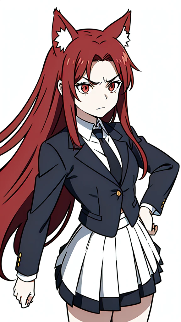 1girl ,solo,20s,mature female,angry face,red hair,long hair,fox ears,(white background, line drawing),black standard tie,blue blazer,long sleeves, black pleated skirt,(upper body)