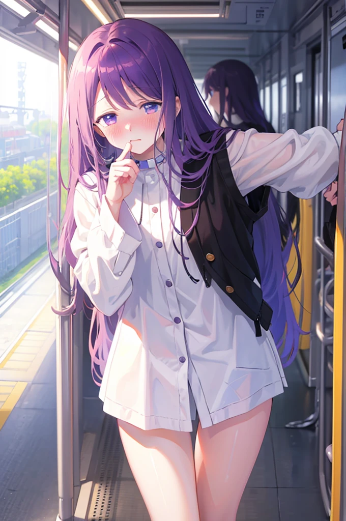 Take off the white panties、、Blushing、Embarrassed expression、、Take off the white panties、、Light purple hair、Semi-long hair、Pale purple eyes、、Blushing、lipstick、Perfect hands、Detailed hands、on the train、