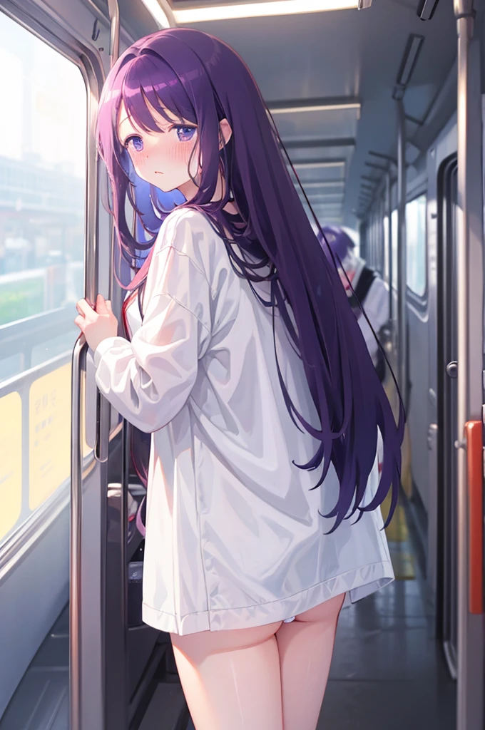 Take off the white panties、、Blushing、Embarrassed expression、、Take off the white panties、、Light purple hair、Semi-long hair、Pale purple eyes、、Blushing、lipstick、Perfect hands、Detailed hands、on the train、