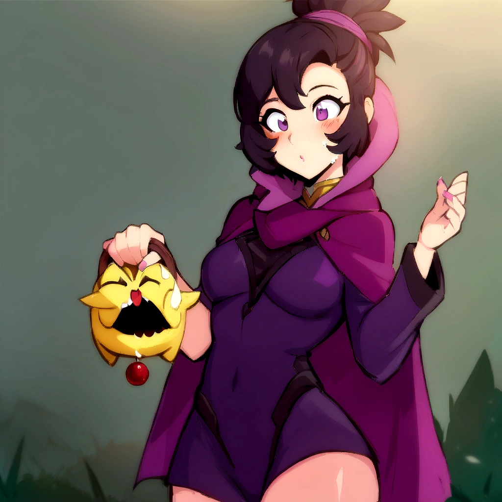 anime girl in a purple cape holding a yellow object, female protagonist 👀 :8, high quality fanart, muffet from undertale, detailed fanart, commission for high resolution, official fanart, Samira de League of Legends, annie from league of legends, must tear from the overlord, pokemon anime style, oc commission, background art, anime moe art style