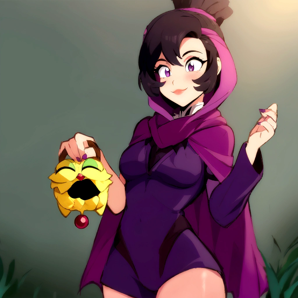 anime girl in a purple cape holding a yellow object, female protagonist 👀 :8, high quality fanart, muffet from undertale, detailed fanart, commission for high resolution, official fanart, Samira de League of Legends, annie from league of legends, must tear from the overlord, pokemon anime style, oc commission, background art, anime moe art style