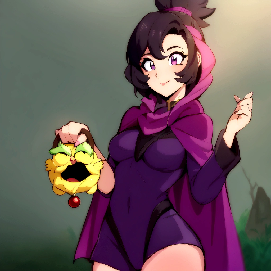 anime girl in a purple cape holding a yellow object, female protagonist 👀 :8, high quality fanart, muffet from undertale, detailed fanart, commission for high resolution, official fanart, Samira de League of Legends, annie from league of legends, must tear from the overlord, pokemon anime style, oc commission, background art, anime moe art style
