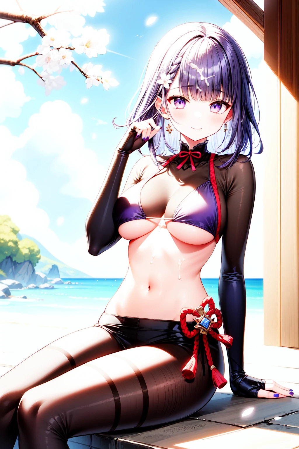 1girl, raidenshogundef, breasts, solo, purple_eyes, purple_hair, navel, cum, looking_at_viewer, swimsuit, sky, sitting, long_hair, bikini, v, large_breasts, pantyhose, outdoors, cherry_blossoms, bangs, braid, hair_ornament, braided_ponytail, blue_sky, thighs, purple_nails, cum_on_body, black_pantyhose, cloud, closed_mouth, shrug_(clothing), smile, bridal_gauntlets, day, underboob