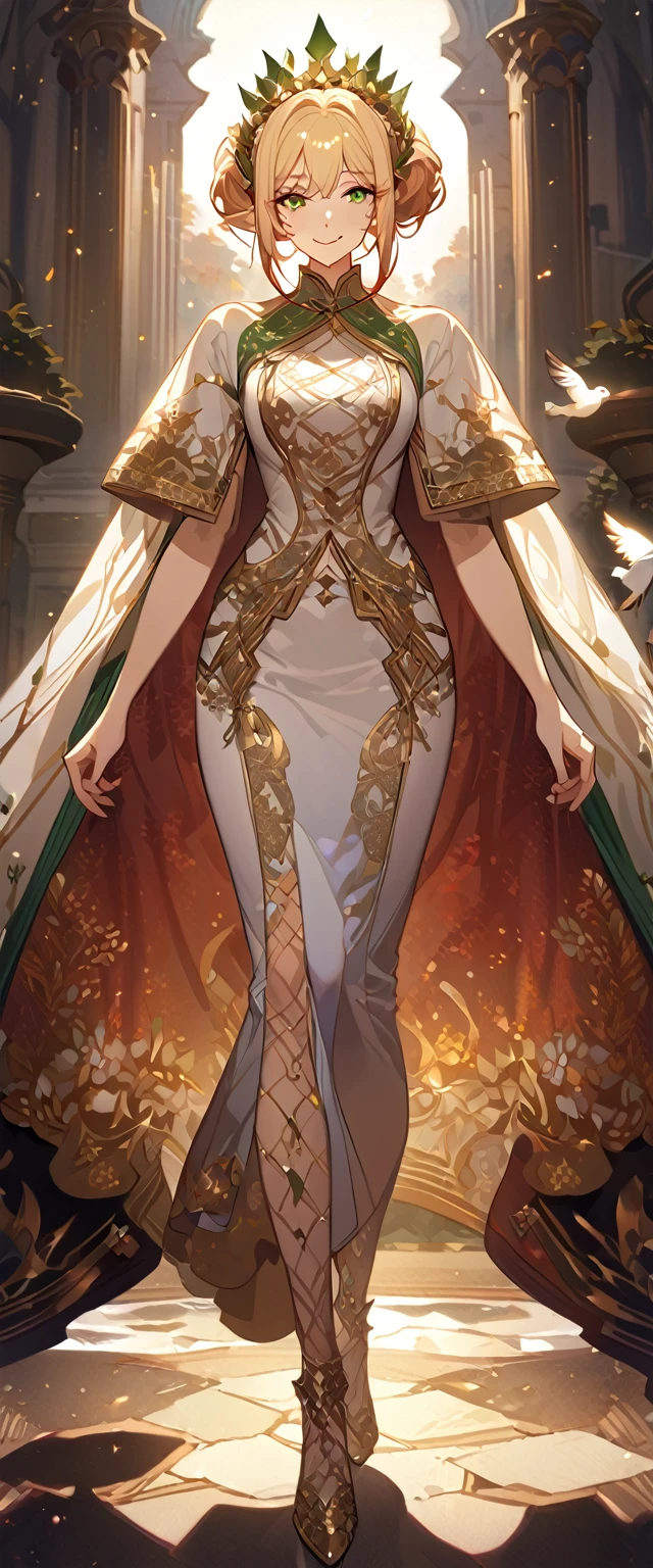 masterpiece, best quality, 8k ,4k , 1girl, elf queen, blond reddish hair, green eyes, big , gold wreath crown, hair ornament, finely detailed eyes and detailed face, looking at viewer, white sleeveless, Lace dress, patterned clothes, gold embroidery clothes, meticulous clothes, mature clothes, transparent cape with lace, majestic looks, smiling gently, small bird, full body, inspired by Asukaziye artist : ask, art style : ask