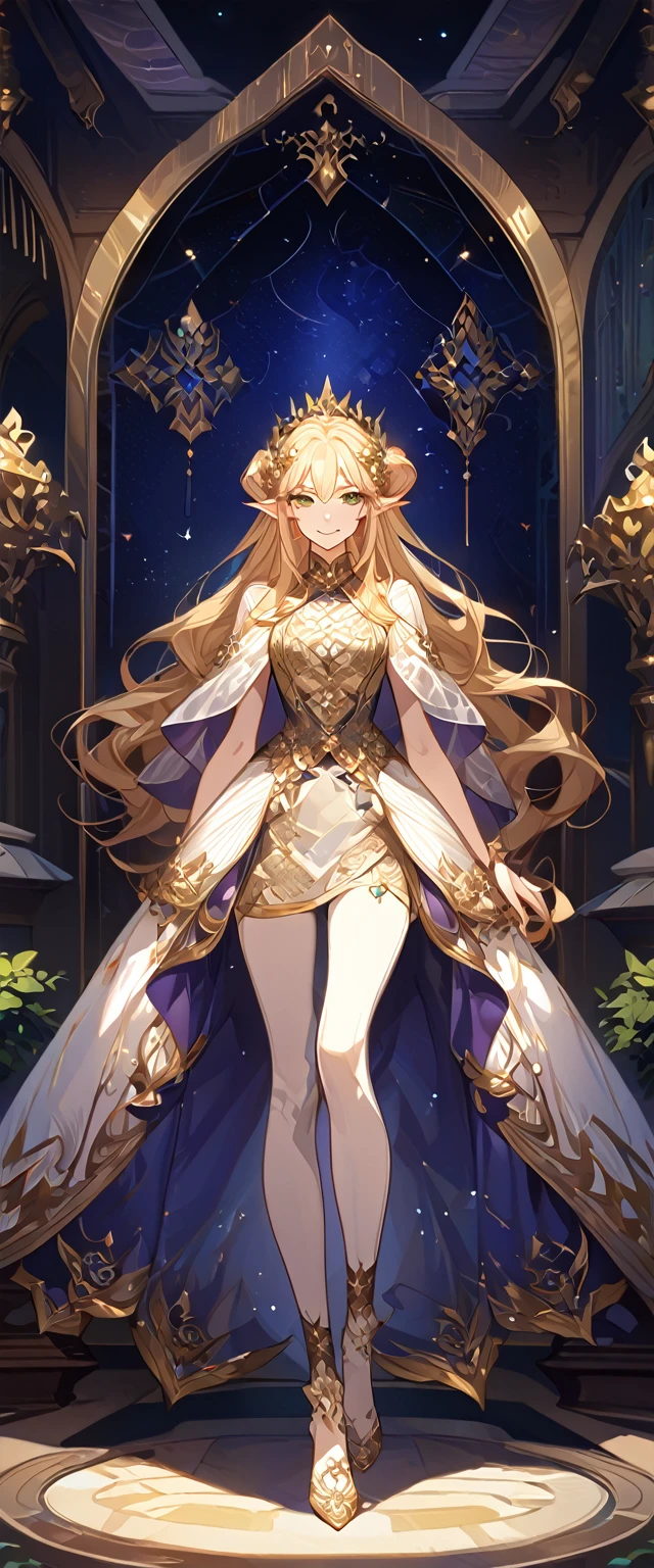 masterpiece, best quality, 8k ,4k , 1girl, elf queen, blond reddish hair, green eyes, big , gold wreath crown, hair ornament, finely detailed eyes and detailed face, looking at viewer, white sleeveless, Lace dress, patterned clothes, gold embroidery clothes, meticulous clothes, mature clothes, transparent cape with lace, majestic looks, smiling gently, small bird, full body, inspired by Asukaziye artist : ask, art style : ask