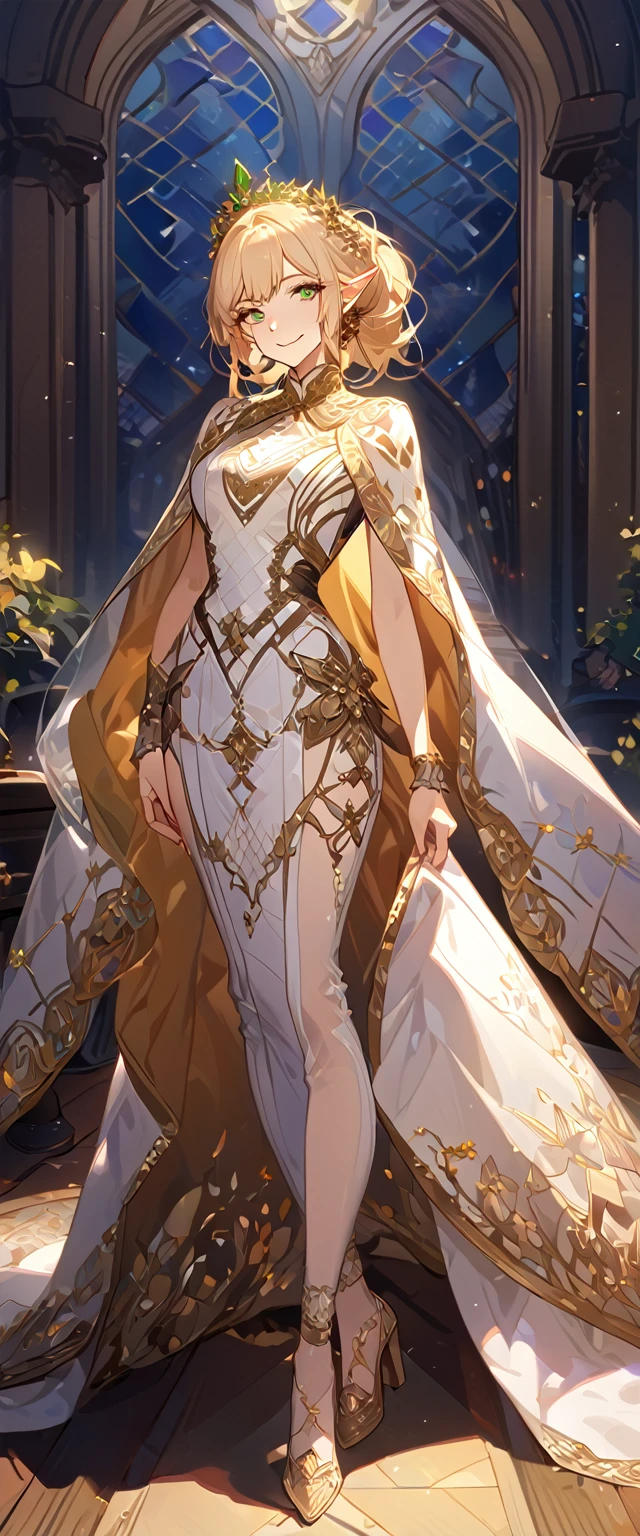 masterpiece, best quality, 8k ,4k , 1girl, elf queen, blond reddish hair, green eyes, big , gold wreath crown, hair ornament, finely detailed eyes and detailed face, looking at viewer, white sleeveless, Lace dress, patterned clothes, gold embroidery clothes, meticulous clothes, mature clothes, transparent cape with lace, majestic looks, smiling gently, small bird, full body, inspired by Asukaziye artist : ask, art style : ask