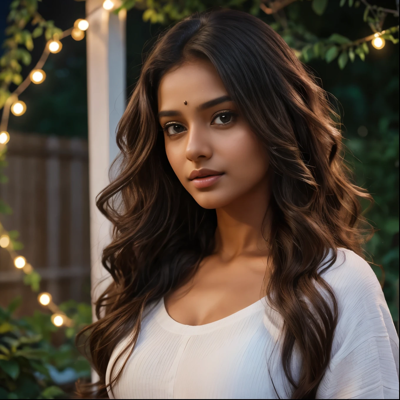 Young Indian woman, white top , garden, night, detailed body, detailed face, ultra realistic, charming, cute, big hazel eyes with long curly hair, perfect fingers, ambient lighting, winter, detailed background, 8k, face shot