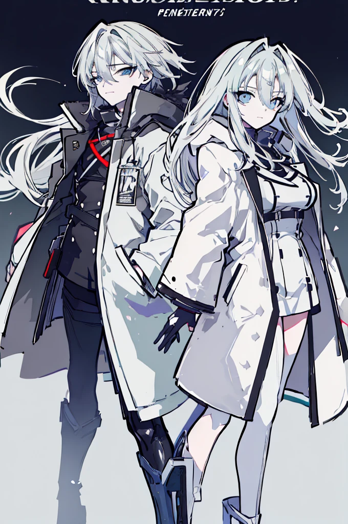 ((Pixiv)),(masterpiece_portrait),(Color Field),(Cyberpunk),(Full Metal Panic),(10s-anime-aesthetic), 1 girl, light smile, curvy, large breasts, sharp face, spiked_hair, two-tone hair, white hair, gray hair, hair between eyes, very_long_hair, half closed eyes, sky blue eyes, Closed mouth, reaching out, cowboy shot, Standing, Clenched_hand, Black leotard, Over-kneehighs, White Overcoat, capelet, high_heel_boots