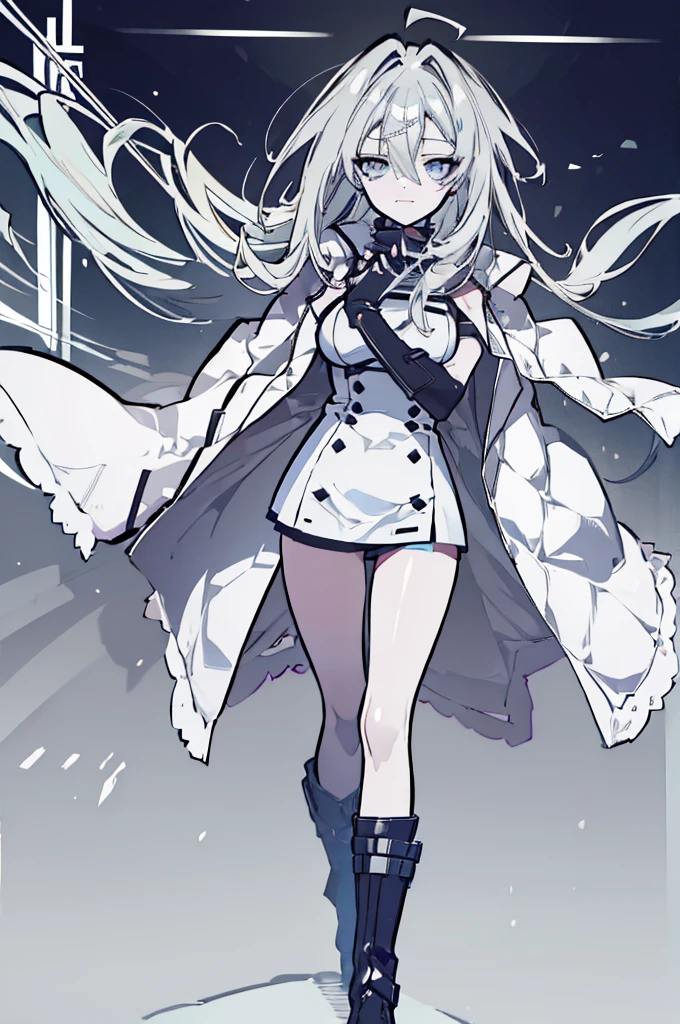 ((Pixiv)),(masterpiece_portrait),(Color Field),(Cyberpunk),(Full Metal Panic),(10s-anime-aesthetic), 1 girl, light smile, curvy, large breasts, sharp face, spiked_hair, two-tone hair, white hair, gray hair, hair between eyes, very_long_hair, half closed eyes, sky blue eyes, Closed mouth, reaching out, cowboy shot, Standing, Clenched_hand, Black leotard, Over-kneehighs, White Overcoat, capelet, high_heel_boots