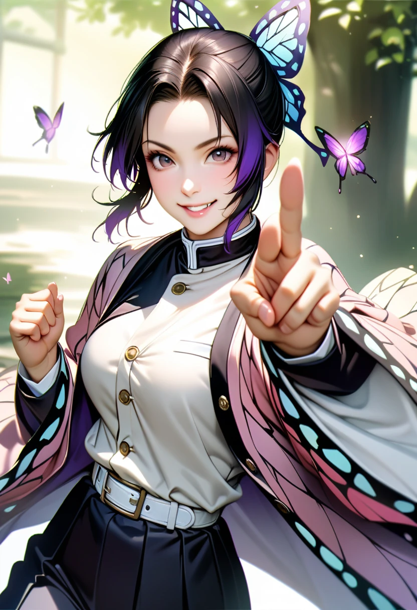 shinobu kochou, animal print, black hair, butterfly, butterfly hair ornament, butterfly print, forehead, gradient hair, hair ornament, haori, multicolored hair, parted bangs, purple hair, short hair, two-tone hair,belt, black pants, butterfly print, coat, demon slayer uniform, haori, japanese clothes, pants, uniform,,mature female,perfect hands, perfect finger,perfect anatomy, masterpiece, best quality,realistic, hyperrealistic, 16k hdr,medium breasts,outdoor,fighting pose,smile