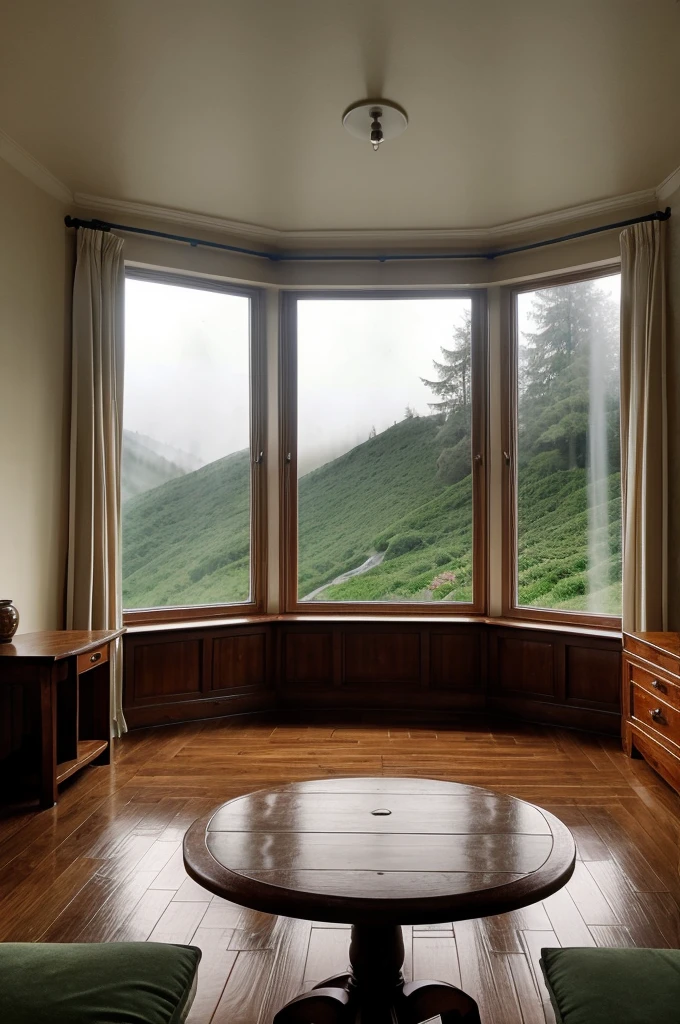 A beautiful rainy day view from a window in the deep dark vast forst of a hill there is a cozy sofa near that window with a round small table holding a hot cup of tea
