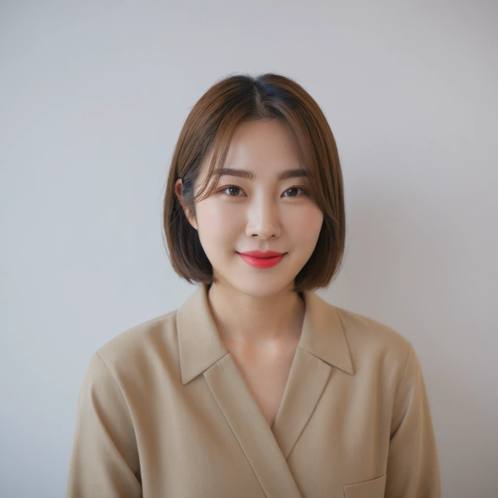 Best Quality, 8k, Masterpiece, (Portrait: 1.3), (photo realistic:1.4), (hyper realistic:1.4), Sharp Focus, looking at viewer, (smoother lighting:1.1), (increase cinematic lighting quality:0.9), realistic lighting, backlighting, light on face, ray trace, (brightening light:1.2), (Increase quality:1.4), sharp detail, (best quality real texture skin:1.4), finely detailed eyes, black_eyes, finely detailed face, 25 year old Korean woman,lipstick,sharp_face,smiling_face