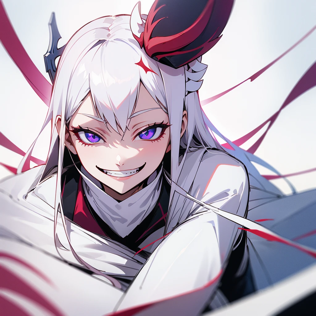 1 girl, dark white hair, villain, smile, psychopath, psychopath smirk, straight hair, (((noble cloth))), short skirt, white cloth, white poker mask, white tuxedo, masked, with mask on face