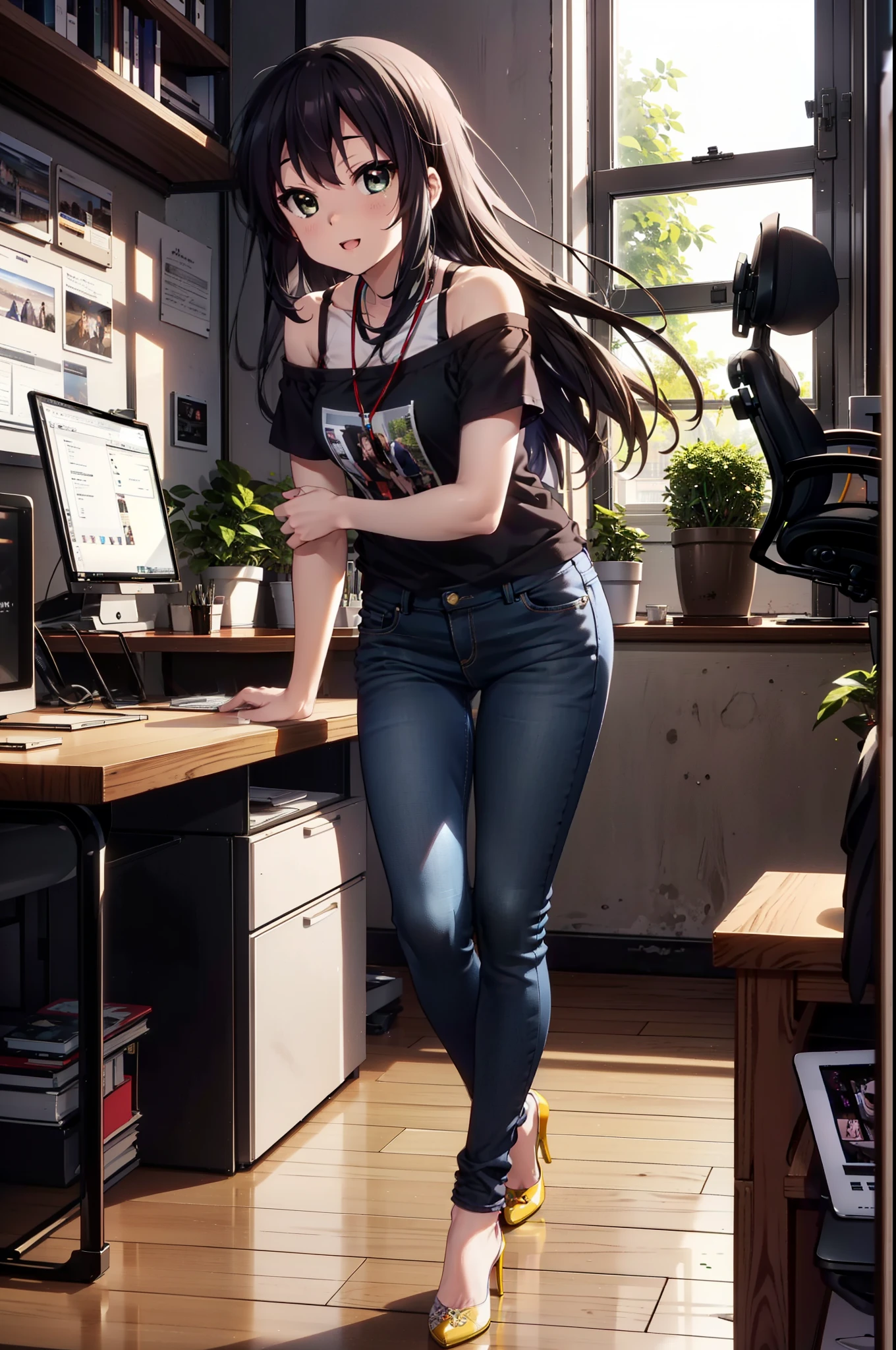 meet, Azusa Nakano, Black Hair, (Brown eyes:1.5), Long Hair, Straight Hair,Cold shoulder tops,Short sleeve,Skinny jeans,Stiletto heels,happy smile, smile, Open your mouth,interior,There is a computer on the table,Walking,So that the whole body goes into the illustration,昼間
break indoors, office,
break looking at viewer,
break (masterpiece:1.2), Highest quality, High resolution, unity 8k wallpaper, (figure:0.8), (Beautiful attention to detail:1.6), Highly detailed face, Perfect lighting, Highly detailed CG, (Perfect hands, Perfect Anatomy),