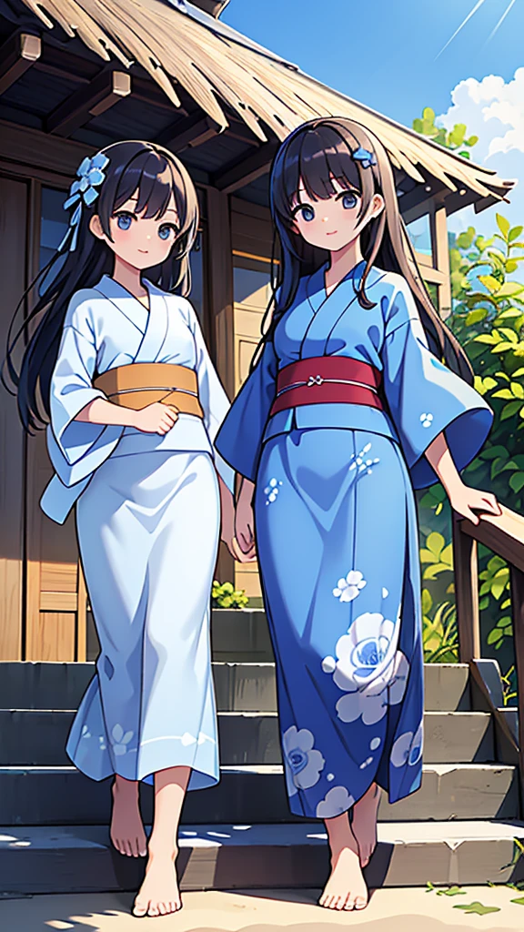 ((Highest quality)), ((masterpiece)), (detailed), Two dark-haired sisters standing on stairs at a summer beach、Blue and white patterned summer yukata、blue sky、morning、Wind、refresh、