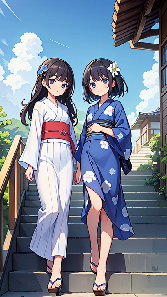 ((Highest quality)), ((masterpiece)), (detailed), Two dark-haired sisters standing on stairs at a summer beach、Blue and white patterned summer yukata、blue sky、morning、Wind、refresh、
