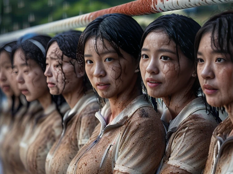 (A plain white short sleeved dirt stained field hockey uniform with a very tight white half zip:1.7)、(A large, dirt-stained, white, square collar: 1.6)、(Red clay ground:1.5)、My hair is wet and messy、(Beautiful Japanese woman covered in dirt:2.4)、Highest quality, masterpiece, Ultra-high resolution, Photorealistic, Raw Photos,Detailed face,(Muscular woman:1.4), (Fastener open: 1.8), (Upper body zoom up:1.0),(Everyone wears the same clothes:1.0), All members are super beauties, (Beautiful Japanese women lined up in orderly, close-knit rows: 1.7), (Hair tied up: 1.4), (Gentle expression:2.1), Bright photo, (My whole body is drenched in rain: 1.7), (Covered in mud and earth: 1.5)