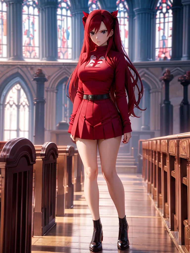 Full body picture of 1 girl: Erza Scarlet, wearing Rin Tohsaka outfit, in a church with huge windows at night, ultra realistic, top quality, 