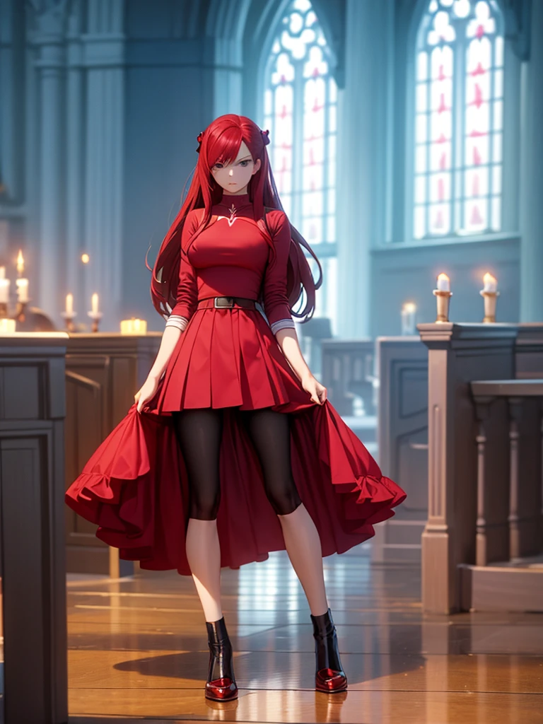 Full body picture of 1 girl: Erza Scarlet, wearing Rin Tohsaka outfit, in a church with huge windows at night, ultra realistic, top quality, 