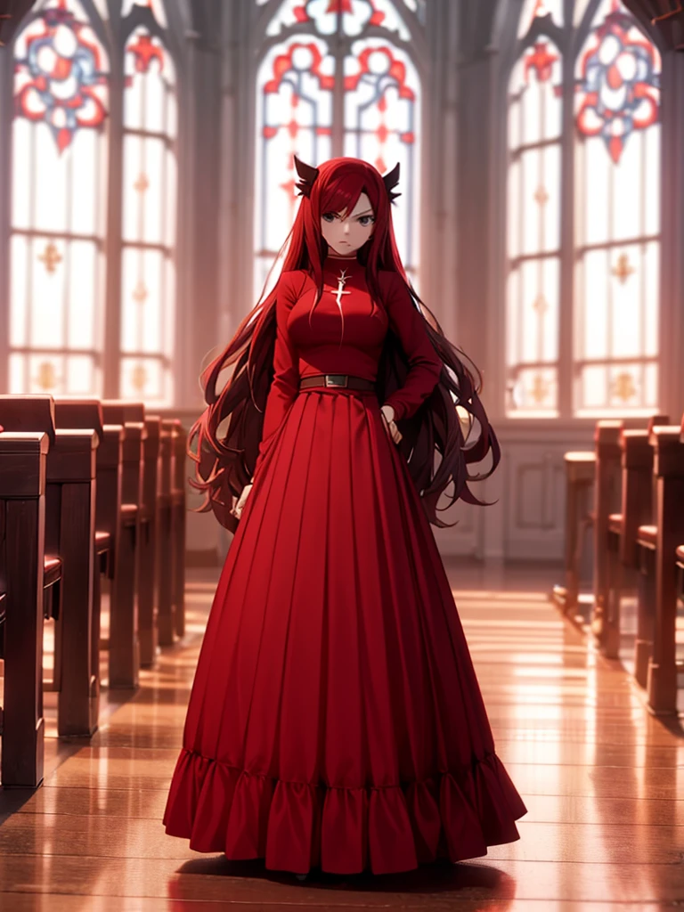 Full body picture of 1 girl: Erza Scarlet, wearing Rin Tohsaka outfit, in a church with huge windows at night, ultra realistic, top quality, 