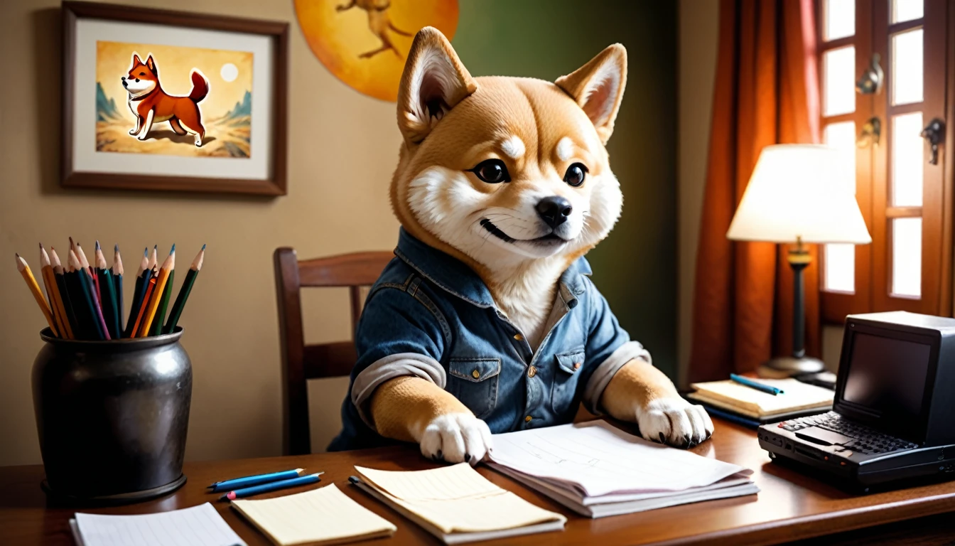 (photo film style), anthropomorphic, cute little Shiba Inu, , in his room, studying, 2D, colorful, warm atmosphere, shiny, Jean-Baptiste Monge style, Alan Lee style
