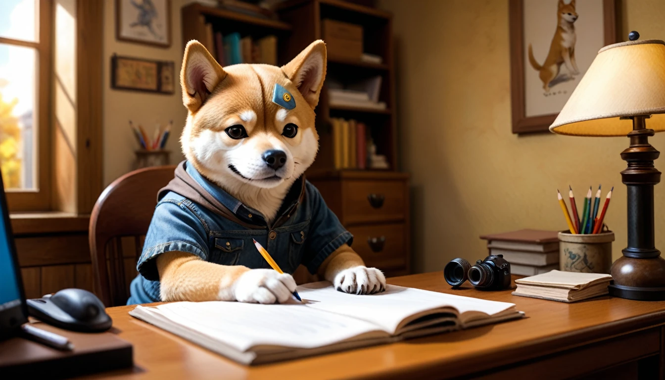 (photo film style), anthropomorphic, cute little Shiba Inu, , in his room, studying, 2D, colorful, warm atmosphere, shiny, Jean-Baptiste Monge style, Alan Lee style
