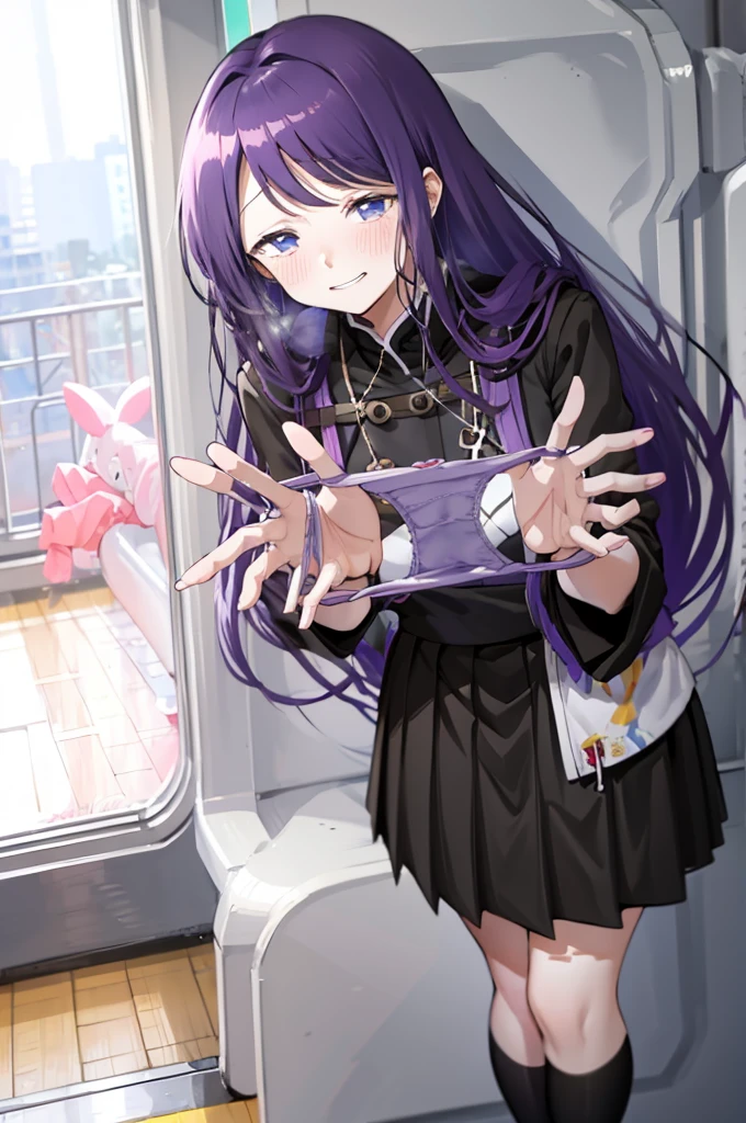 Holding panties in hand、、Take off your panties、Smirking face、Black Skirt、、on the train、Strap、、８K,Masterpiece、Light purple hair、Semi-long hair、、Japanese 、、、Lift up your skirt、On all fours、Showing panties、Stick your butt out、Turn your ass towards me、Blushing、、Showing panties、Pull up your skirt、Blushing、on the train、Strap