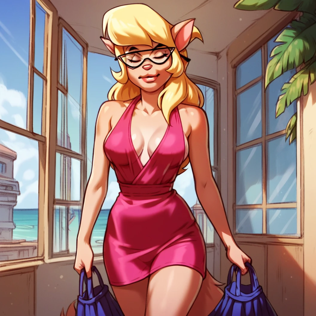 score_9, score_8_up, score_7_up, score_6_up, score_5_up, score_4_up, (Source furry), (rating nsfw), 1girl solo, glasses, callie briggs, detailed, detailed fur, full view, legs, whistling, wiggling hips, thicc, hula skirt, interior, blonde hair, sexy, panties, outside, beach, lips open, front view, eyes closed, walking out of portapotty