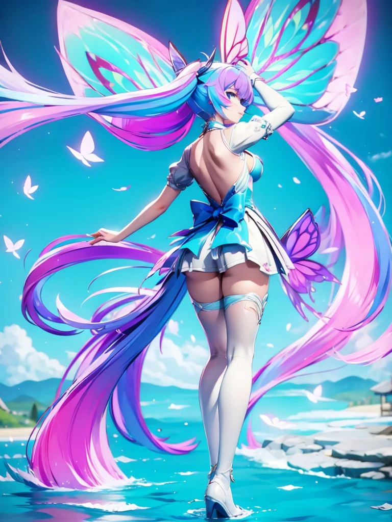 Seizo Watase style, Simple Line Initialism,Abstract art, 3d character, colorful hearts ,(((The most beautiful girl of all time))), (full body 1.2), only girl, long hair, bufferfly and sky background, 20 year old, full body, (((8k))), (((3d)), blue and pink hair, Large butterfly wings on the back, moon, look from back