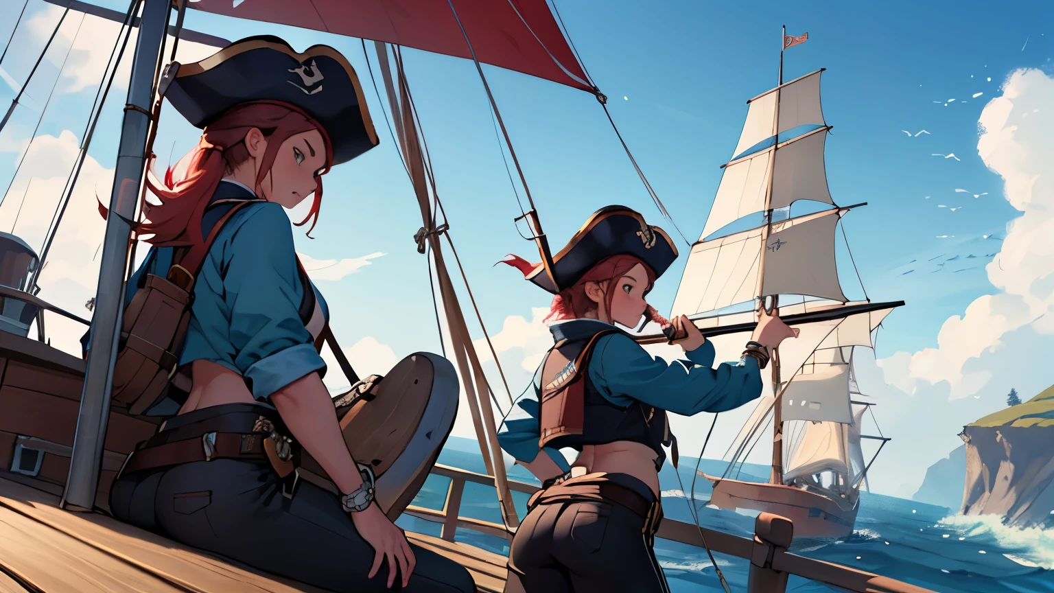 ((2 female pirate moans completely naked, naked breasts, naked pussy, skull tattoo on the belly, cloth wrapped around the waist)),((belt on the belly with a sword)),((medium breasts)),((pubic hair very big)),((brown hair, with bangs)),((blue eyes, smile)),((facing the viewer)),((on a pirate ship, at sea during the day)),