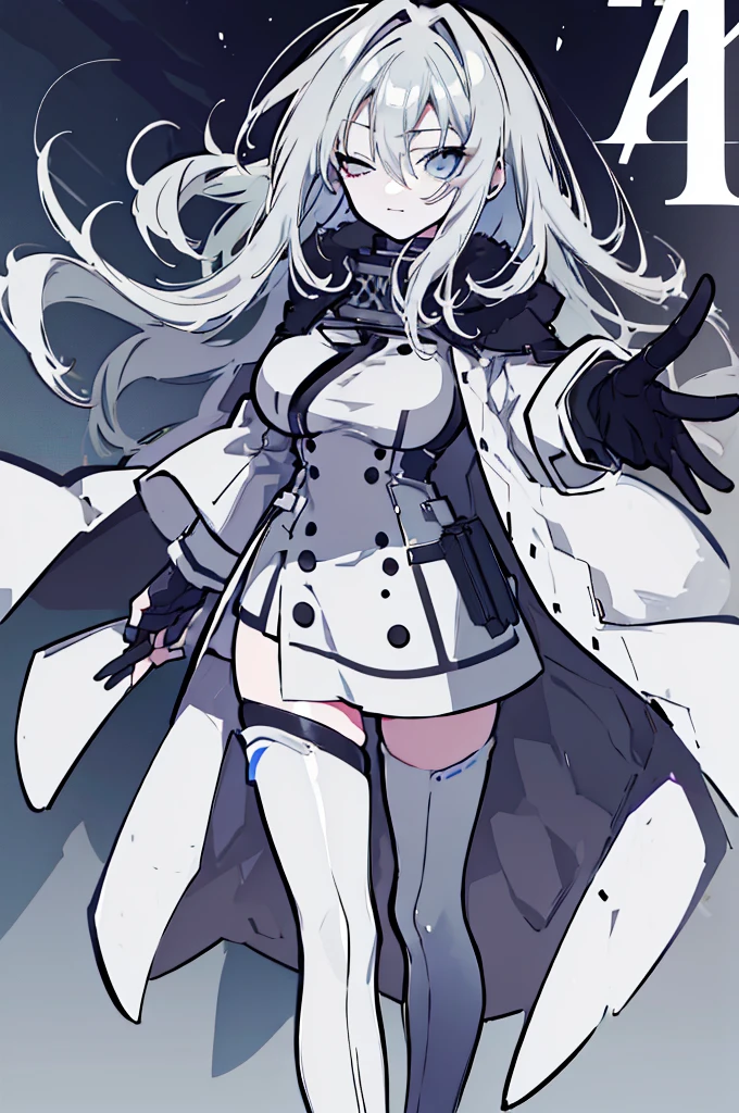 ((Pixiv)),(masterpiece_portrait),(Color Field),(Cyberpunk),(Full Metal Panic),(10s-anime-aesthetic),( 1 girl), light smile, curvy, large breasts, sharp face, spiked_hair, two-tone hair, white hair, gray hair, hair between eyes, very_long_hair, half closed eyes, sky blue eyes, Closed mouth, reaching out, cowboy shot, Standing, Clenched_hand, Black leotard, Over-kneehighs, White Overcoat, capelet, high_heel_boots