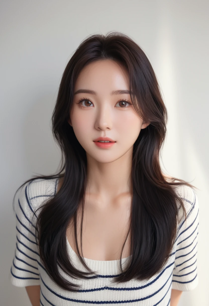 Best Quality, 8k, Masterpiece, (Portrait: 1.3), (photo realistic:1.4), (hyper realistic:1.4), Sharp Focus, looking at viewer, (smoother lighting:1.1), (increase cinematic lighting quality:0.9), realistic lighting, backlighting, light on face, ray trace, (brightening light:1.2), (Increase quality:1.4), sharp detail, (best quality real texture skin:1.4), finely detailed eyes, black_eyes, finely detailed face, 25 year old Korean woman