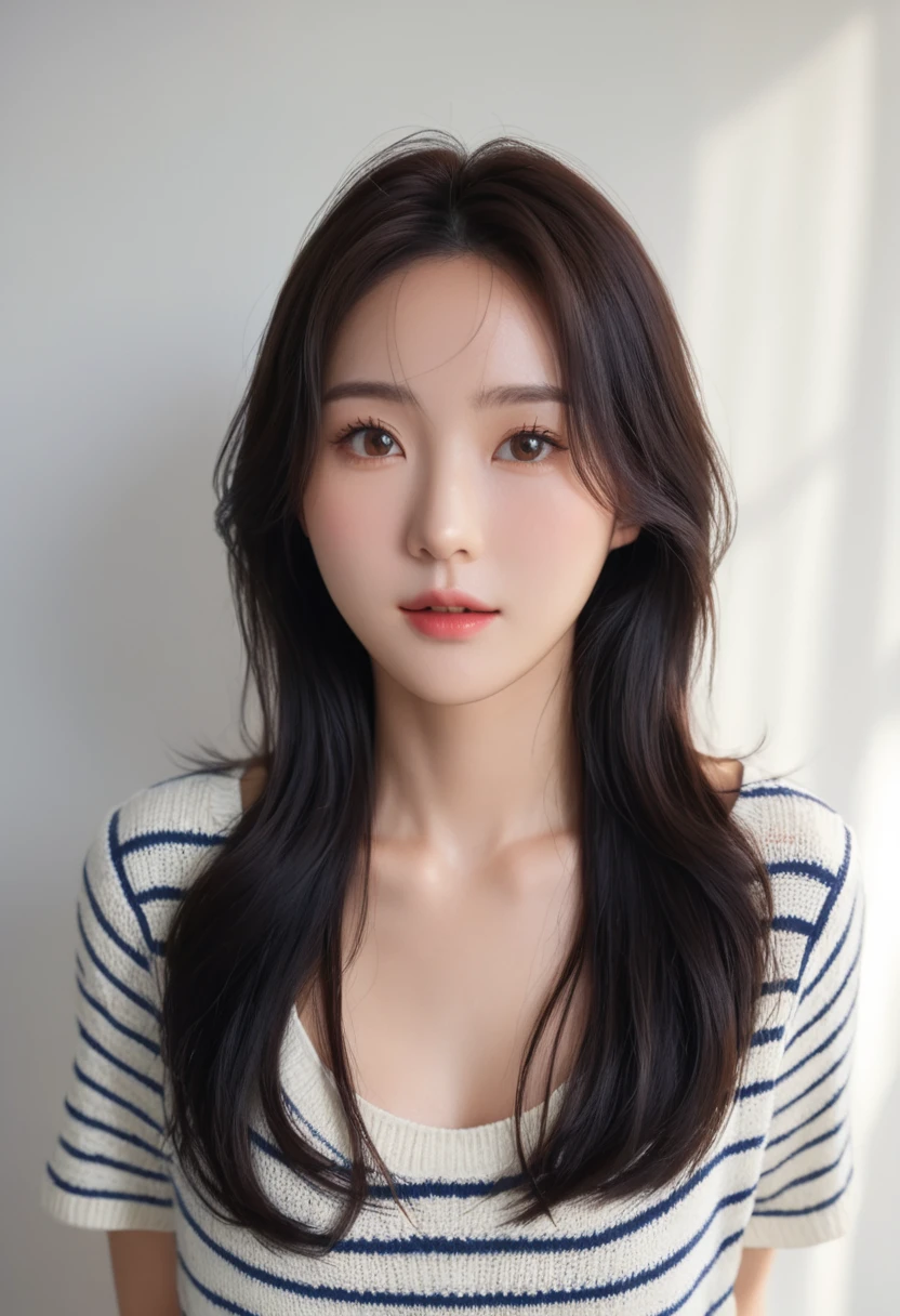 Best Quality, 8k, Masterpiece, (Portrait: 1.3), (photo realistic:1.4), (hyper realistic:1.4), Sharp Focus, looking at viewer, (smoother lighting:1.1), (increase cinematic lighting quality:0.9), realistic lighting, backlighting, light on face, ray trace, (brightening light:1.2), (Increase quality:1.4), sharp detail, (best quality real texture skin:1.4), finely detailed eyes, black_eyes, finely detailed face, 25 year old Korean woman