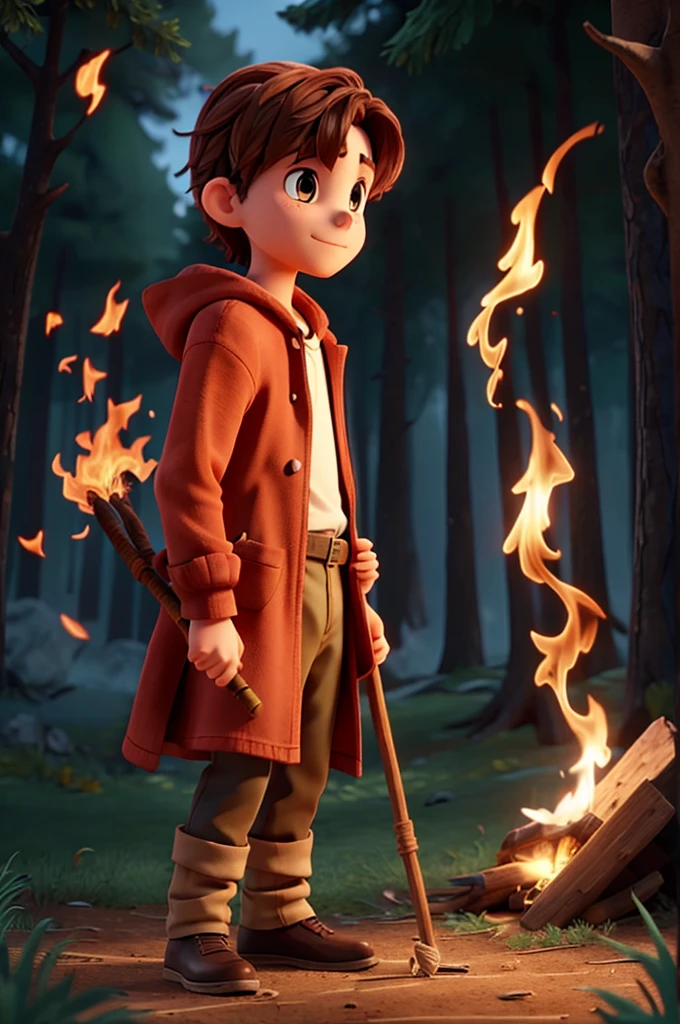 Young fire wizard with a staff burns in the forest