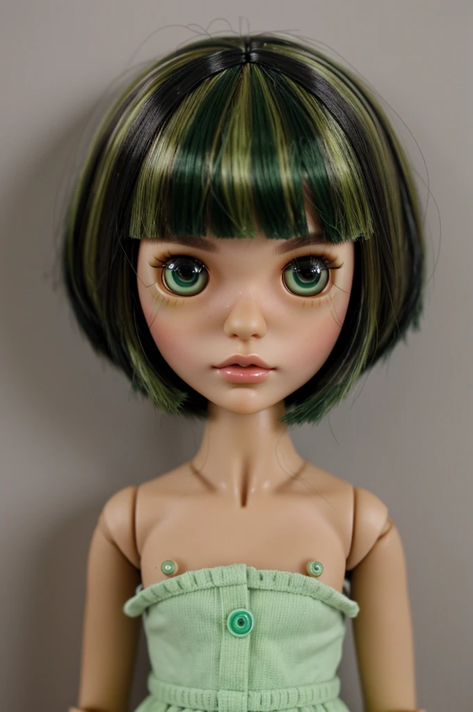 Blythe doll with moles on lips, short hair, black with green highlights in the hair, eyes brown and himebangs